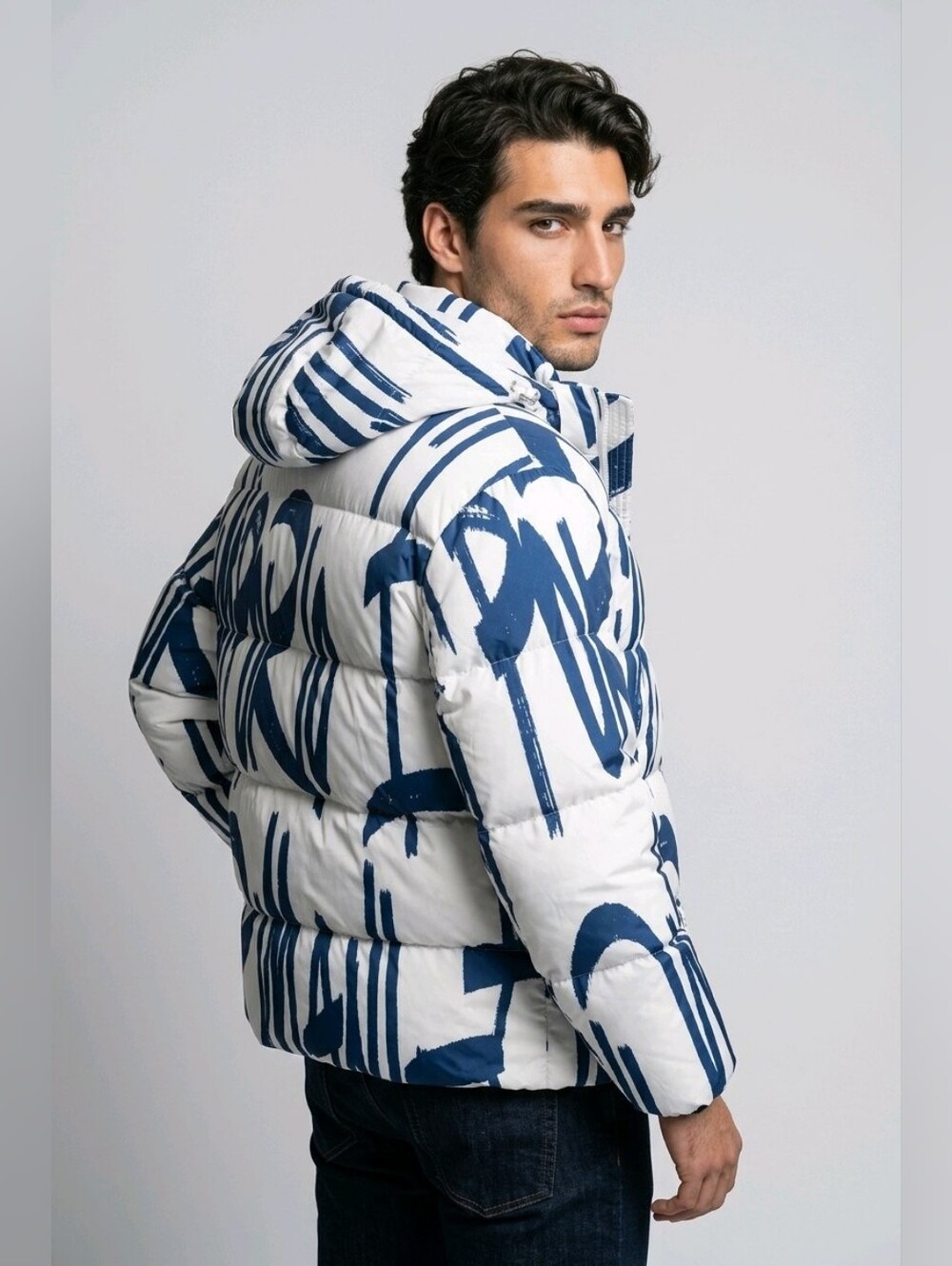 NWT Emporio Armani Abstract Scribble Print Hooded Puffer Jacket - EU 48 / US 48